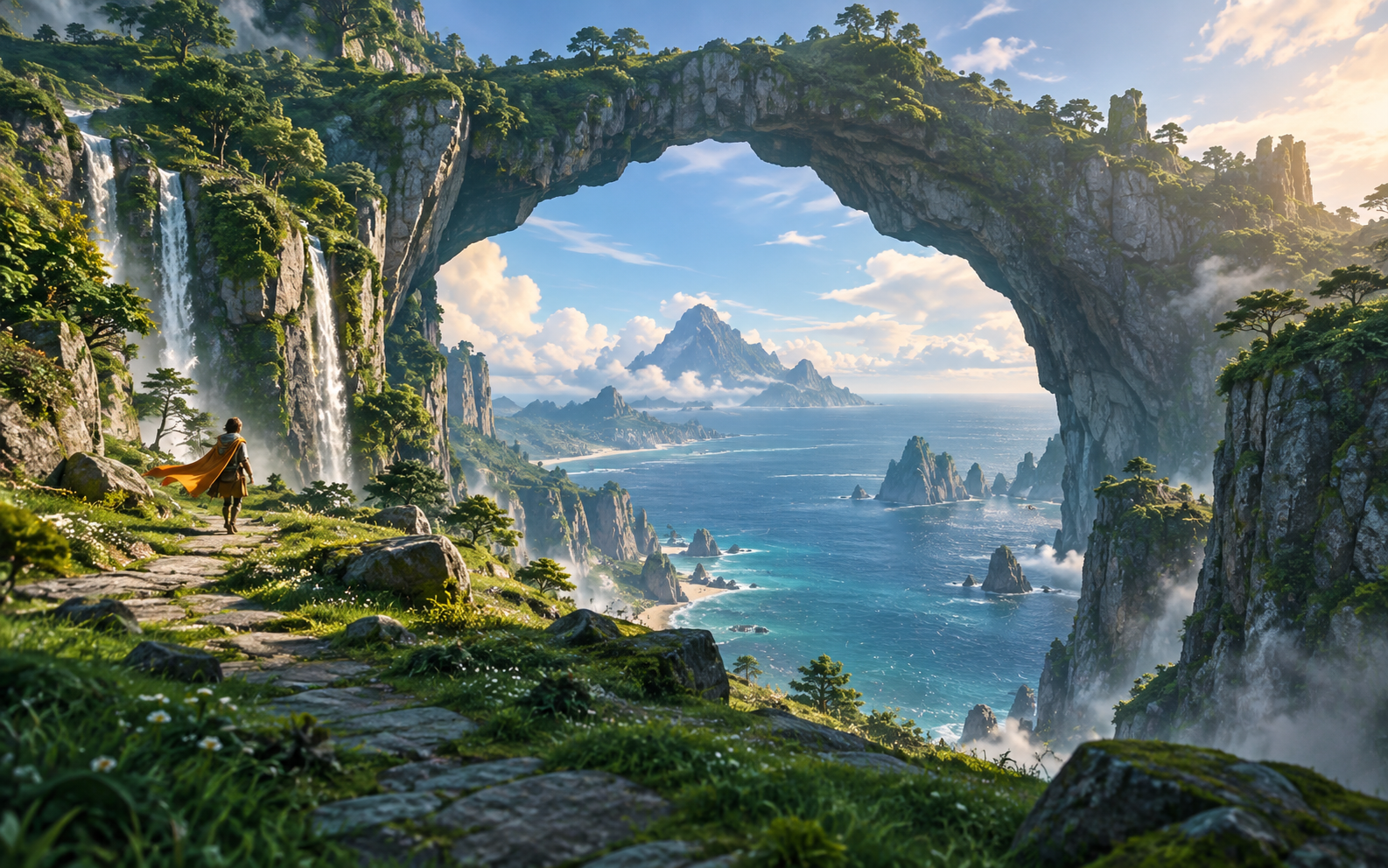 An adventure game overlooking the ocean through a stone arch
